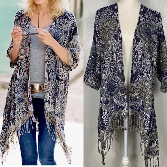 SOFT SURROUNDINGS Emory Cardi SEQUIN FRINGE JACKET EMBROIDERY Cardigan - Picture 1 of 12